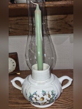 Vintage McCoy Pottery Floral Hurricane Candle lamp base with Glass Chimney/Globe
